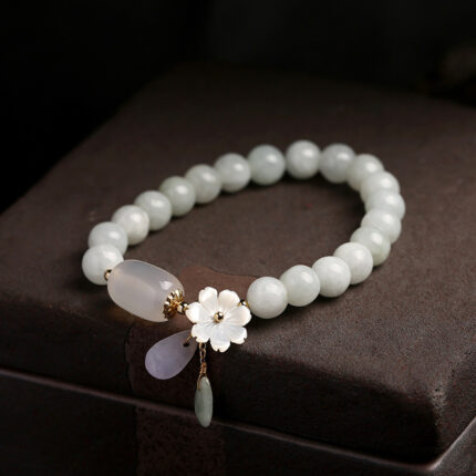 Natural white jade bracelet with 7.5mm round beads, apple agate barrel beads and shell flower charm, fits 14-16cm wrist