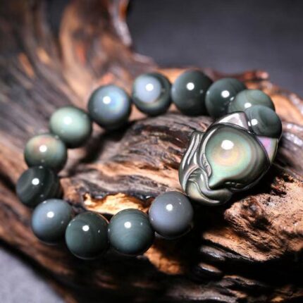 Natural Rainbow Eye Obsidian Bracelet with Fox Head Charm 10mm 12mm 14mm 16mm