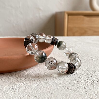 14mm Designer Clear Quartz Green Phantom Dalagan Wood Multi-gem Bracelet Full Layout