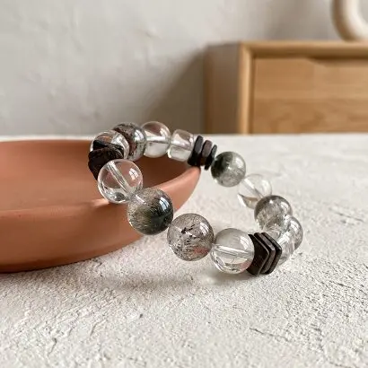 14mm Designer Clear Quartz Green Phantom Dalagan Wood Multi-gem Bracelet Full Layout