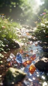Amethyst, Black Obsidian and Yellow Crystal stones arranged in natural light, polished crystal flat lay, deep violet black and golden tones