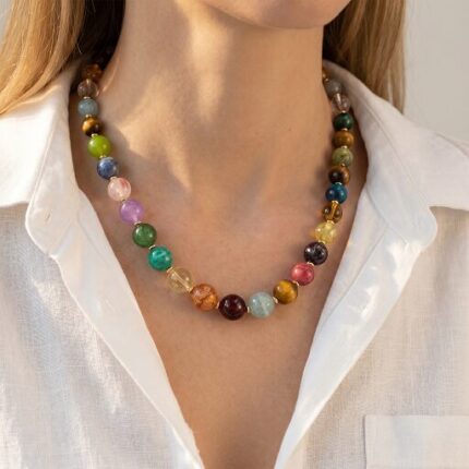 Oriental layered multi-gem necklace citrine amethyst green phantom design