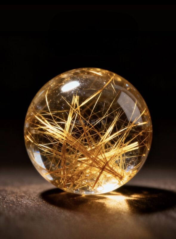 Close-up of a golden Rutilated Quartz bead showing fine golden rutile needle inclusions suspended in clear quartz, photographed against a soft neutral background with natural lighting.