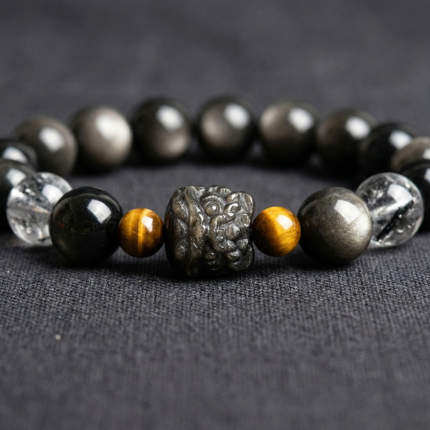 8mm natural obsidian bracelet with Chinese lion head charm and tiger eye beads