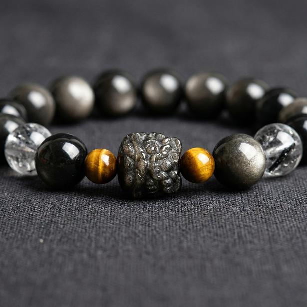 8mm natural obsidian bracelet with Chinese lion head charm and tiger eye beads