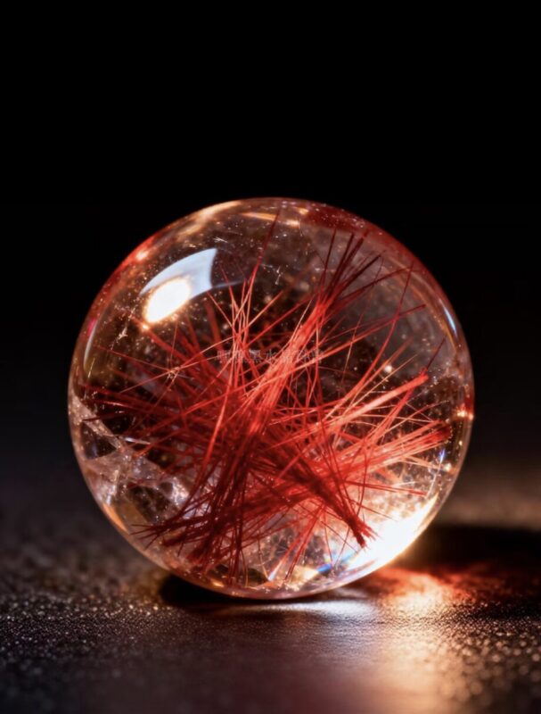 Close-up of a Red Rutilated Quartz bead displaying warm reddish-brown rutile needle inclusions in clear quartz, illustrating the natural color depth and internal structure of the stone.