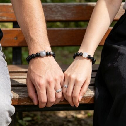 Black Obsidian Cat Head Couple's Bracelet Set | DaoEast