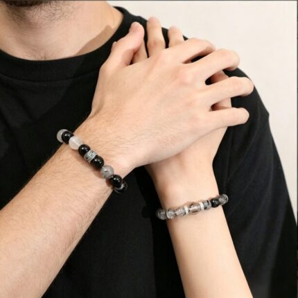 Black Obsidian & Black Rutilated Quartz Couple Bracelet | DaoEast