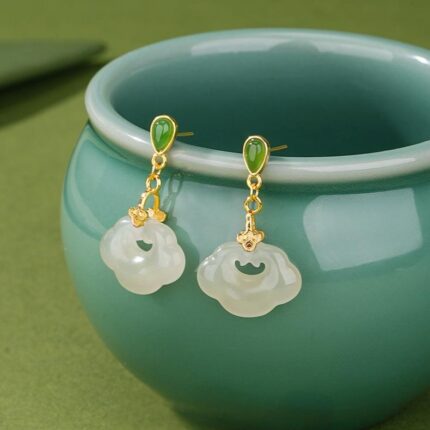 Natural Hetian Jade RUYI Lock Earrings