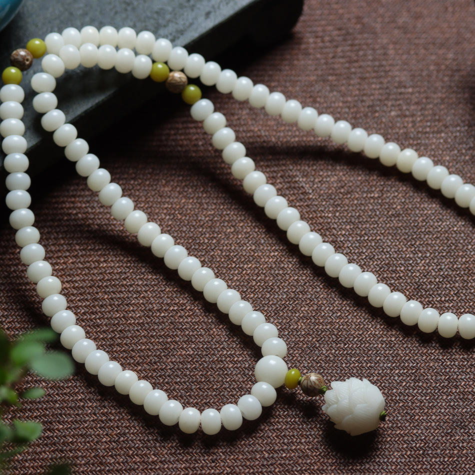 Natural 108 bodhi seeds mala bracelet, white jade prayer beads for meditation and calm