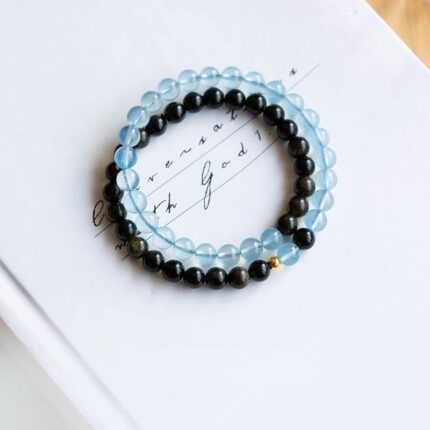 Obsidian & Aquamarine Double-Loop Bracelet