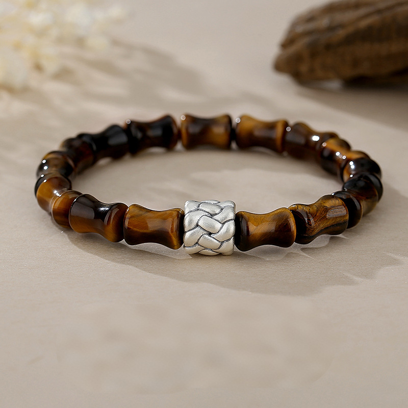 Bamboo-joint shaped Tiger Eye bracelet with S925 silver rope knot ornament, 15 polished golden-brown tiger eye beads, antique silver knot detail, minimalist textured jewelry