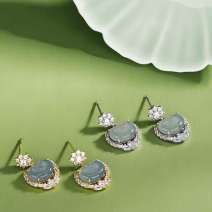 Dual Tone Cubic Zirconia Inlaid Jadeite Earrings
