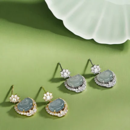 Dual Tone Cubic Zirconia Inlaid Jadeite Earrings