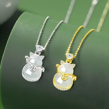 Lucky Kitten Glow white agate cat pendant necklace DaoEast