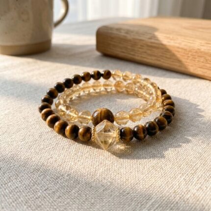 Close-up of 10mm round tiger's eye bead on double wrap bracelet