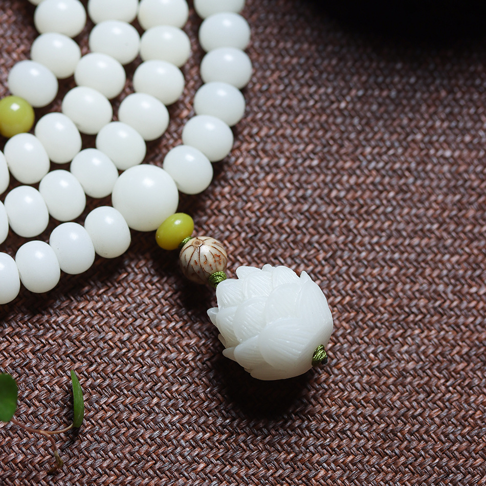 Natural 108 bodhi seeds mala bracelet, white jade prayer beads for meditation and calm