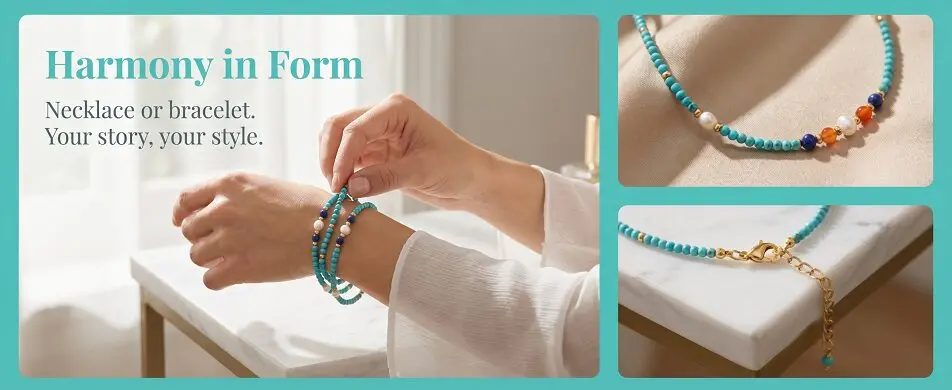 Cloud Ease Turquoise necklace set lifestyle, layered turquoise jewelry casual everyday styling, warm natural setting, boho elegant jewelry