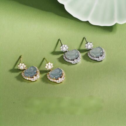S925 Silver Natural Jadeite Ruyi Lock Earrings