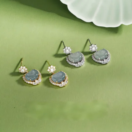  S925 Silver Natural Jadeite Ruyi Lock Earrings