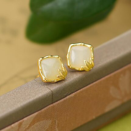 Square Bamboo Hetian Jade Earrings S925 Silver Elegant Oriental Jewelry 