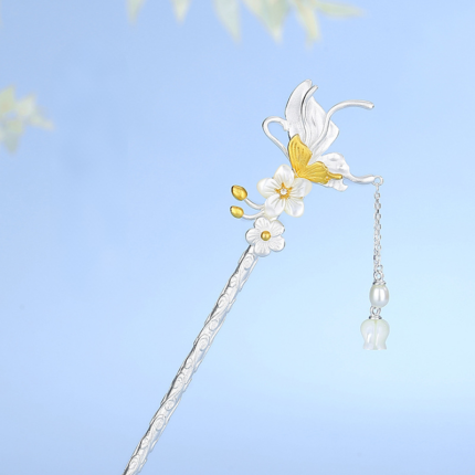 Butterfly in Bloom buyao hairpin, S925 silver with shell flower and gold butterfly, freshwater pearl chain tassel, traditional Chinese dangling hair ornament, elegant feminine jewelry