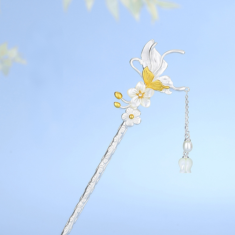 Butterfly in Bloom buyao hairpin, S925 silver with shell flower and gold butterfly, freshwater pearl chain tassel, traditional Chinese dangling hair ornament, elegant feminine jewelry