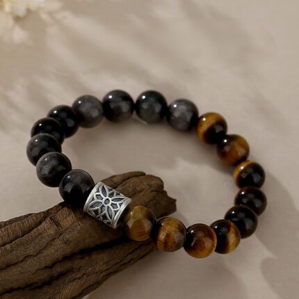 Obsidian Tiger Eye Bracelet with S925 Silver Lotus, hypoallergenic, friendly for sensitive skin