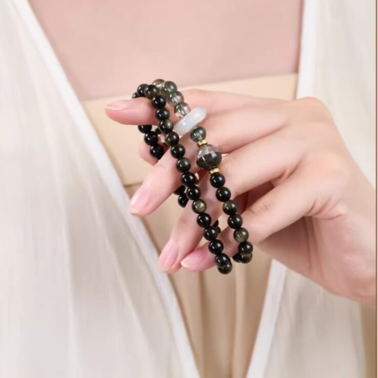 Black Obsidian Green Phantom Double Layer Bracelet Wear Look