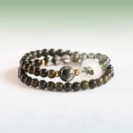 Calm Focus Black Obsidian Green Phantom Double Wrap Bracelet