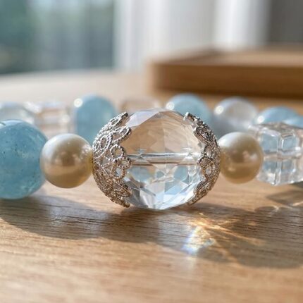 Natural Aquamarine 6mm Beads with Clear Quartz Sugar Cube Spacers Bracelet