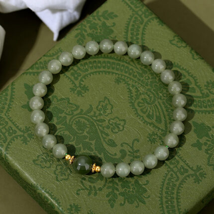 Natural Hetian Jade Bead Bracelet with 8mm Green Jasper and S925 Silver