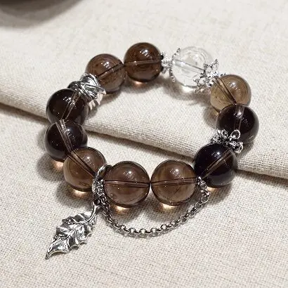  Natural tea quartz bracelet 15-16mm with clear quartz and alloy leaf tassel