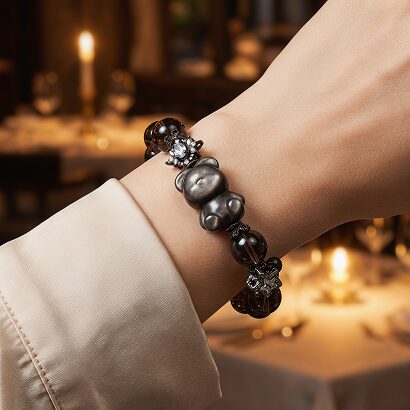 DaoEast crystal bracelet styled with everyday dark autumn outfit, warm layered look, dark whimsy aesthetic