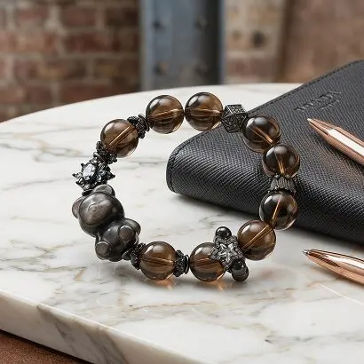 DaoEast Tea Crystal bracelet with Silver Obsidian teddy bear charm worn on wrist, warm brown translucent beads, everyday styling, dark academia aesthetic, intention-based jewelry