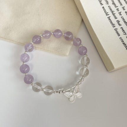 Natural amethyst and clear quartz bracelet with 999 sterling silver butterfly