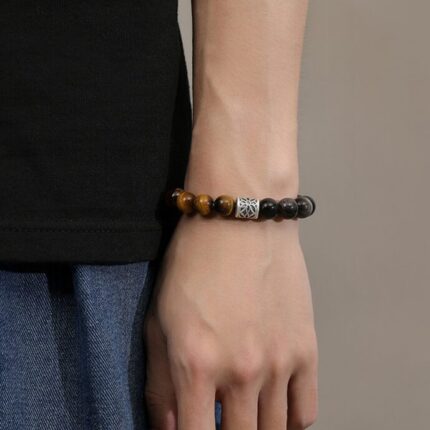 Obsidian Tiger Eye Bracelet with S925 Silver Lotus, hypoallergenic, friendly for sensitive skin