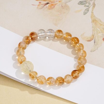 Natural citrine and clear quartz beaded bracelet with 11.5mm focal bead