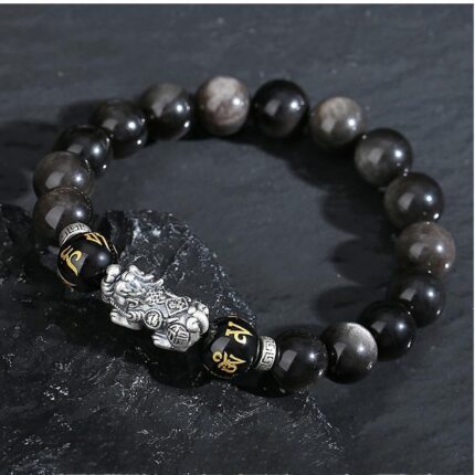 Silver Pixiu Obsidian Bracelet