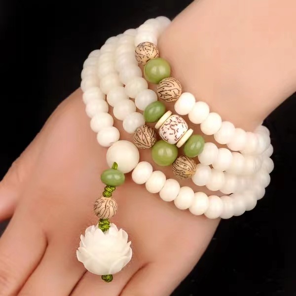 Natural 108 bodhi seeds mala bracelet, white jade prayer beads for meditation and calm