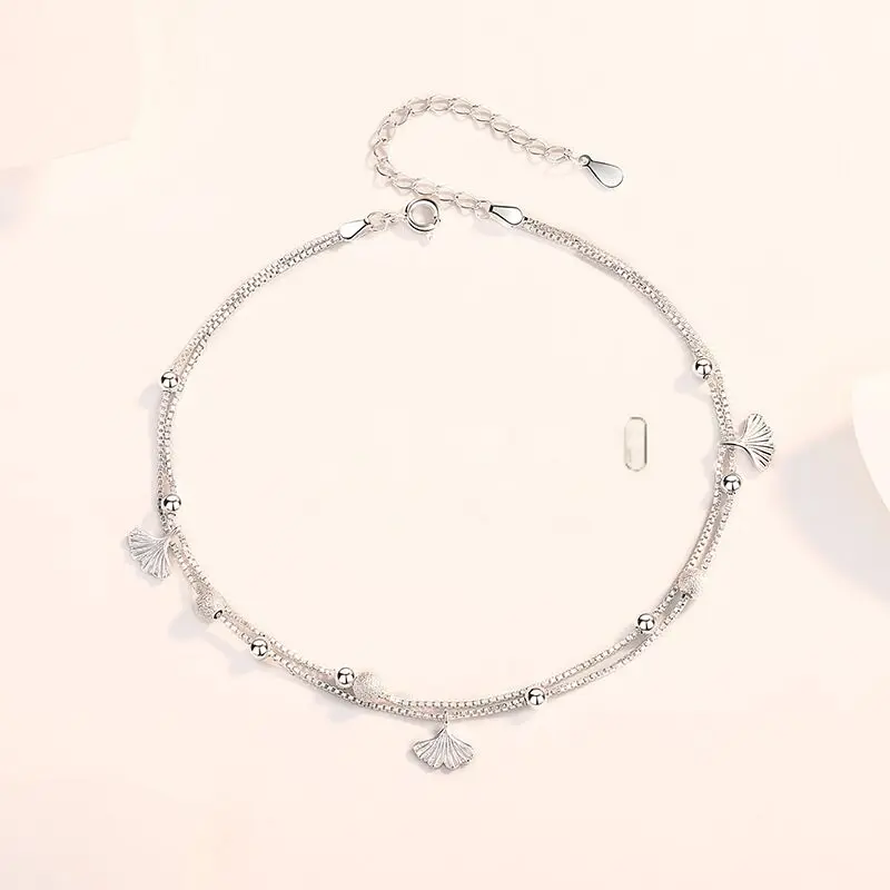 Sweet Love S925 Silver Ginkgo Leaf Anklet