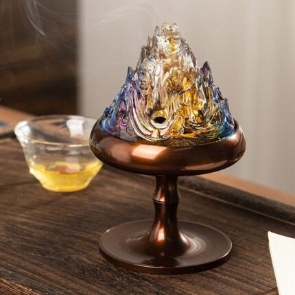 Polished bronze stand detail of Chinese Boshan incense burner, warm golden bronze metallic finish, stemmed footed base design, quality craftsmanship