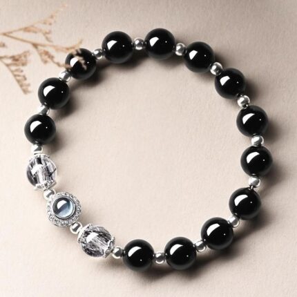 Natural Obsidian Bracelet with Black Hair Quartz and Center Aquamarine 6mm 8mm 10mm 12mm Sizes