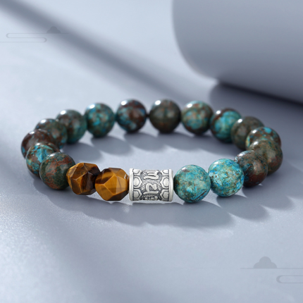 Natural Autumn Stone and faceted Tiger's Eye beaded bracelet with Om Mani Padme Hum silver spacer, earthy brown green blue stone beads, minimalist everyday jewelry