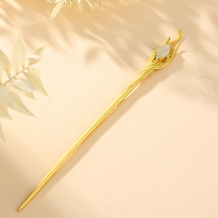 Phoenix feather hairpin, gold-plated S925 silver with white Hetian jade marquise stone, 14cm traditional Chinese hair ornament, minimalist elegance