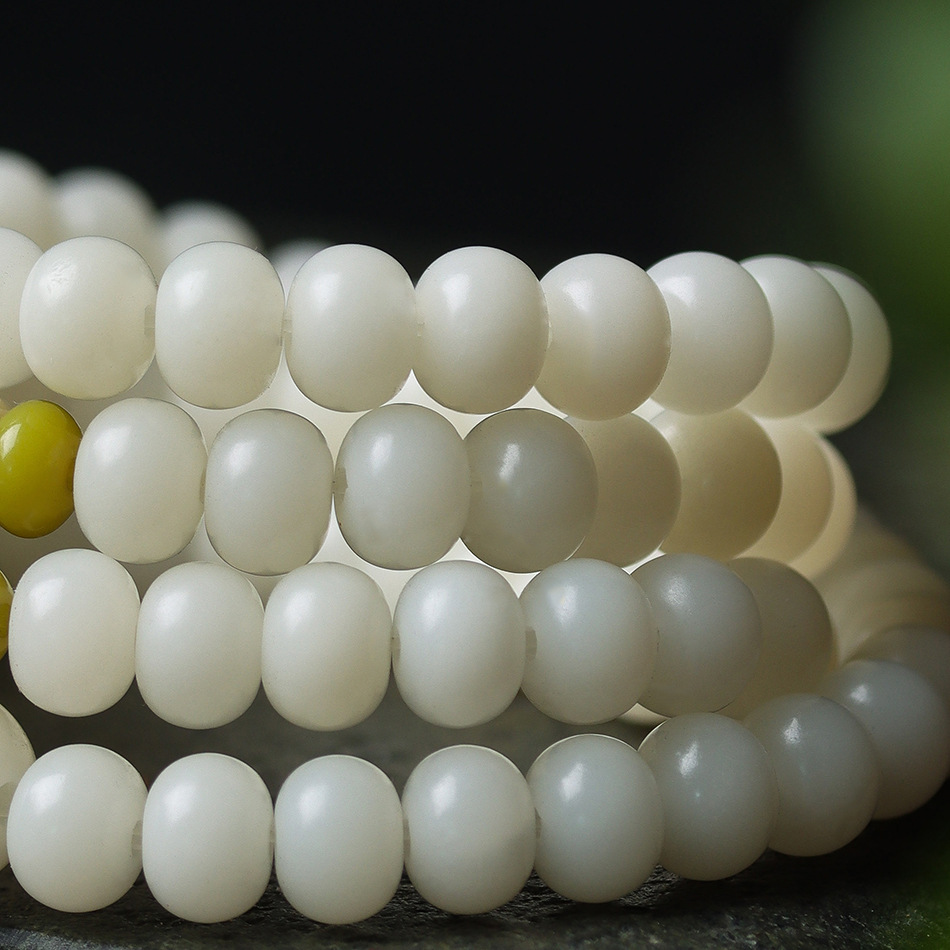 Natural 108 bodhi seeds mala bracelet, white jade prayer beads for meditation and calm