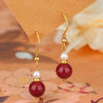 S925 Gold Plated Natural Cinnabar Earrings