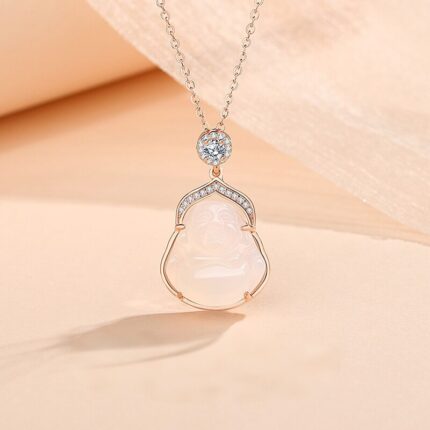 S925 silver Laughing Buddha pendant on gold-tone chain, warm gold finish O-link chain, cubic zirconia stone ornaments, minimalist white background