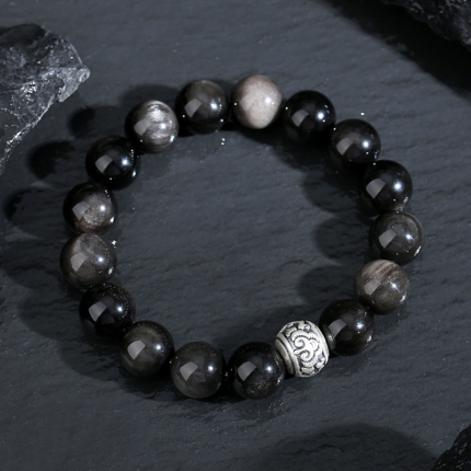 Black Obsidian bracelet with S925 silver auspicious cloud bead, 12mm polished obsidian beads, black and silver bracelet, carved cloud symbol, minimalist protective jewelry