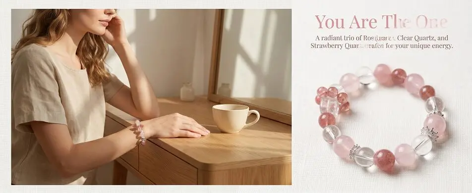 Rose quartz and strawberry quartz multi gem bracelet worn on wrist, feminine everyday crystal jewelry, soft blush pink crystal beads on skin, delicate feminine styling